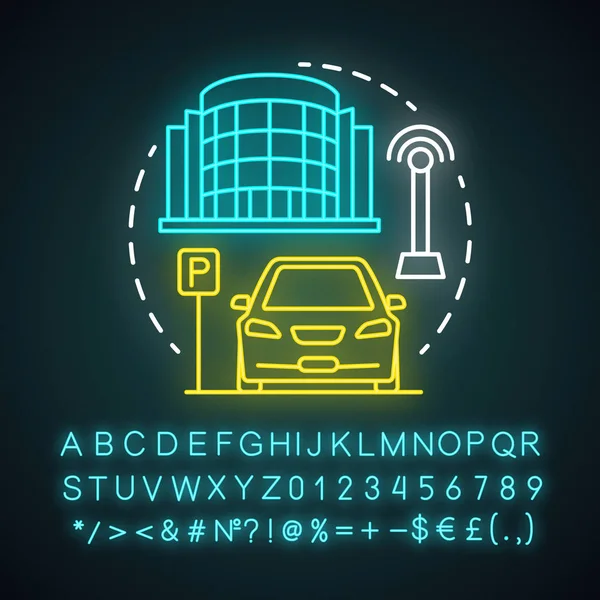 Fahrerloses Parkservice-Neonlicht-Konzept-Symbol. Smart Parken — Stockvektor