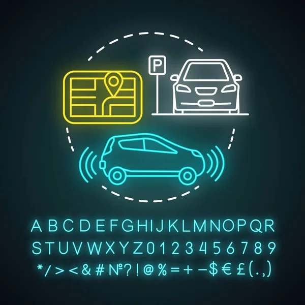 自动停车霓虹灯概念图标 无人驾驶汽车导航 汽车操纵系统 自驾功能理念 带有字母 数字和符号的发光符号 矢量隔离插图 — 图库矢量图片