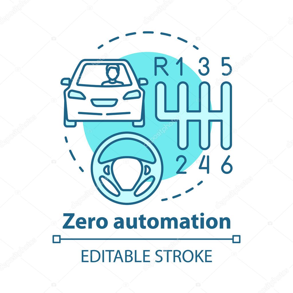 Zero automation concept icon. Car with manual transmission. Vehicle, gearbox, steering wheel. Driving school idea thin line illustration. Vector isolated outline drawing. Editable stroke