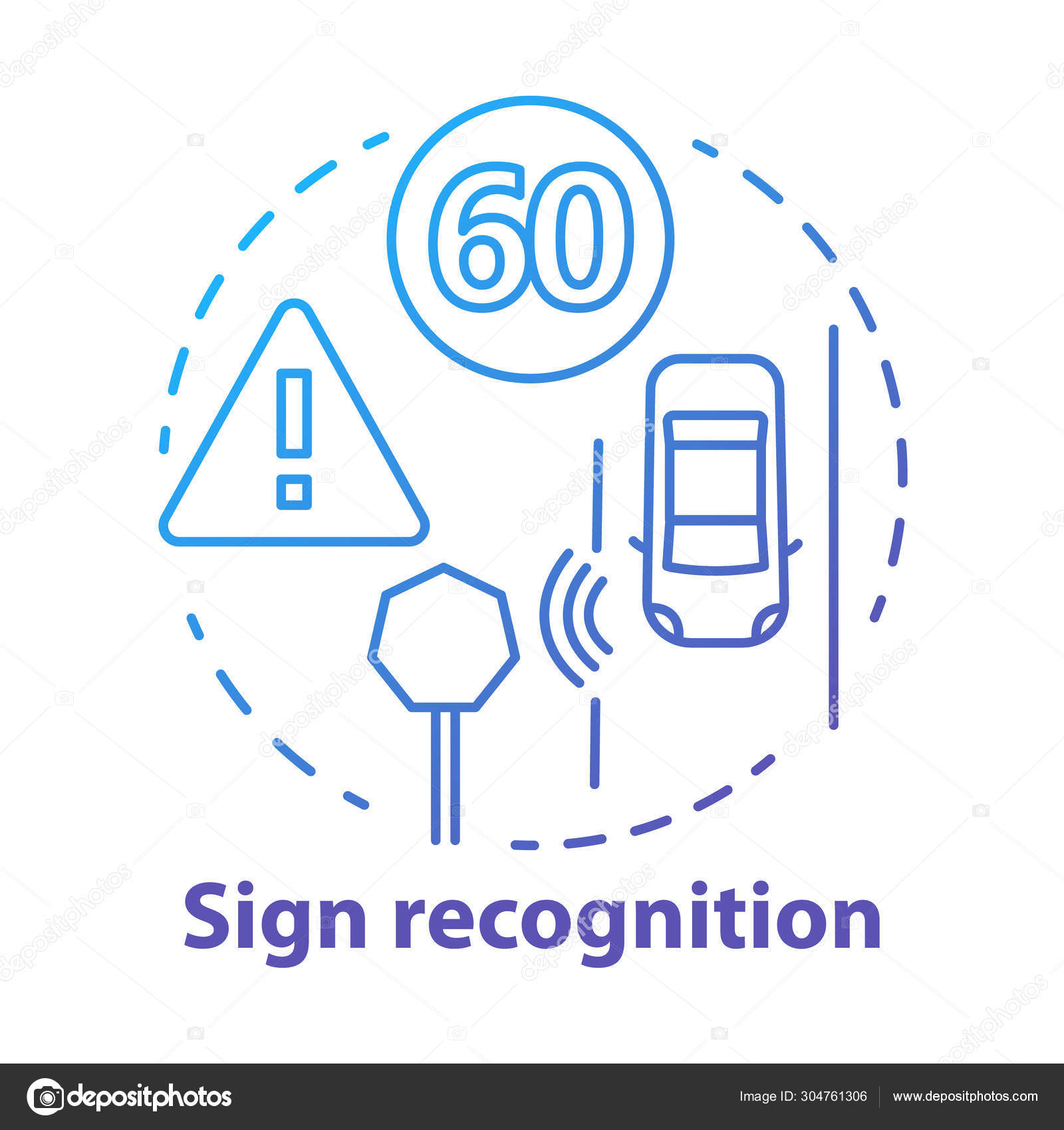 Sign recognition concept icon. Traffic signs detection. Smart car on ...