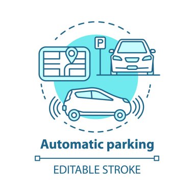 Otomatik park konsepti simgesi. Sürücüsüz araba navigasyonu. Akıllı araba manevra sistemi. Kendi kendine sürüş özelliği fikir ince çizgi illüstrasyon. Vektör yalıtılmış anahat çizimi. Kullanılabilir kontur