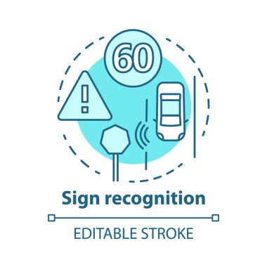 İmza tanıma kavramı simgesi. Trafik işaretleri tespit. Yolda akıllı araba. Güvenli sürüş fikri ince çizgi illüstrasyon için sensör teknolojileri. Vektör yalıtılmış anahat çizimi. Kullanılabilir kontur