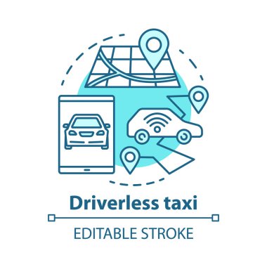 Sürücüsüz taksi konsept simgesi. Robo-Cab. Otonom arabada navigasyon. Kendi kendine giden araç için yönlendirme. Mobil taksi hizmeti fikir ince çizgi illüstrasyon. Vektör yalıtılmış anahat çizimi. Kullanılabilir kontur