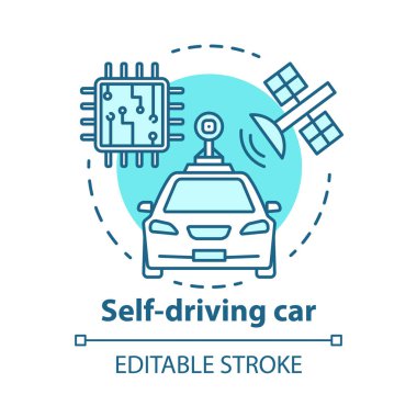 Kendi kendine sürüş araba konsept simgesi. Sürücüsüz, robotik otomobil. Otomatik, mikroçip, uydu. Otonom akıllı araç fikir ince çizgi illüstrasyon. Vektör yalıtılmış anahat çizimi. Kullanılabilir kontur