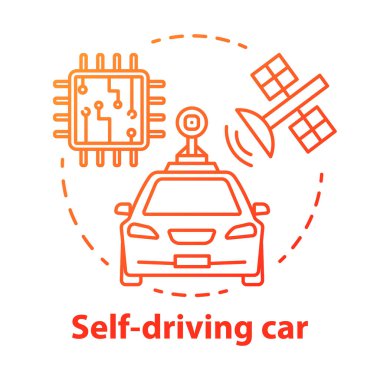 Kendi kendine sürüş araba konsept simgesi. Sürücüsüz, robotik otomobil. Otomatik, mikroçip, uydu. Otonom akıllı araç fikir ince çizgi illüstrasyon. Vektör yalıtılmış anahat çizimi. Kullanılabilir kontur