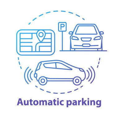 Otomatik park konsepti simgesi. Sürücüsüz araba navigasyonu. Akıllı araba manevra sistemi. Kendi kendine sürüş özelliği fikir ince çizgi illüstrasyon. Vektör yalıtılmış anahat çizimi. Kullanılabilir kontur