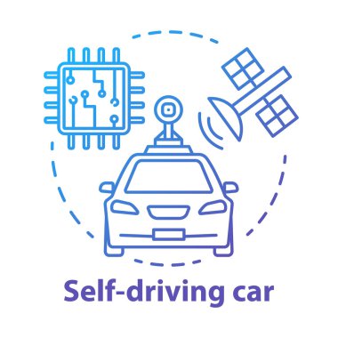 Kendi kendine sürüş araba konsept simgesi. Sürücüsüz, robotik otomobil. Otomatik, mikroçip, uydu. Otonom akıllı araç fikir ince çizgi illüstrasyon. Vektör yalıtılmış anahat çizimi. Kullanılabilir kontur