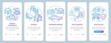 Kendi kendine giden araba özellikleri doğrusal kavramlar ile mobil uygulama sayfa ekranında. Sürücüsüz araç yol adımları grafik talimatları. Ux, Ui, Gui vektör şablonu çizimleri ile