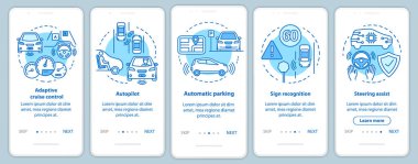 Kendi kendine giden araba özellikleri doğrusal kavramlar ile mobil uygulama sayfa ekranında. Sürücüsüz araç yol adımları grafik talimatları. Ux, Ui, Gui vektör şablonu çizimleri ile