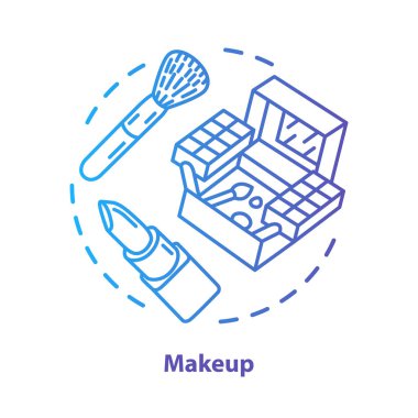 Makyaj mavi konsept simgesi. Sanatçı kiti, ekipman fikir ince çizgi illüstrasyon makyaj. Göz farları, ruj mavi gradyan vektör izole anahat çizim. Kozmetik, güzellik ürünleri. Kullanılabilir kontur
