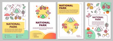 Milli park broşür şablon düzeni. Orman koruma alanı. El ilanı, kitapçık, doğrusal illüstrasyonlar ile broşür baskı tasarımı. Dergiler için vektör sayfa düzenleri, yıllık raporlar, reklam afişleri