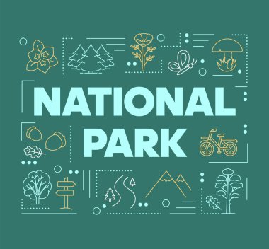 Milli park kelime kavramları afiş. Dağlar ve ormanlar. Orman koruma alanı. Doğal yeşillik. Sunum, web sitesi. Doğrusal simgeler ile izole harf tipografi fikri. Vektör anahat çizimi