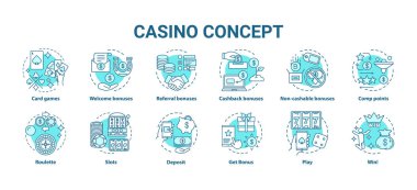 Casino konsept simgeleri ayarlayın. Şans ve ikramiye online oyunlar fikir ince çizgi çizimler. Slot makineleri, kart oyunları, rulet. Kumar. Vektör izole anahat çizimler paketi. Kullanılabilir kontur