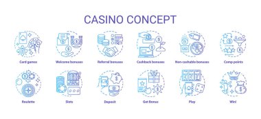 Casino konsept simgeleri ayarlayın. Şans ve ikramiye online oyunlar fikir ince çizgi çizimler. Slot makineleri, kart oyunları, rulet. Kumar. Vektör yalıtılmış anahat çizimlerpaketi