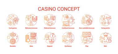 Casino konsept simgeleri ayarlayın. Şans ve ikramiye online oyunlar fikir ince çizgi çizimler. Slot makineleri, kart oyunları, rulet. Kumar. Vektör yalıtılmış anahat çizimlerpaketi