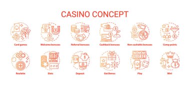 Casino concept icons set. Online games of chance and bonuses idea thin line illustrations. Slot machines, card games, roulette. Gambling. Vector isolated outline drawings pack clipart