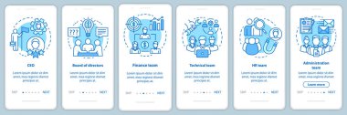 Şirket personeli doğrusal kavramlar ile mobil uygulama sayfası ekranında. Ceo, yönetim kurulu adımları grafik talimatları. Şirket ekibi. Ux, Ui, Gui turkuaz şablon çizimler ile