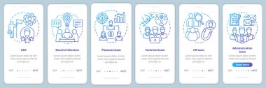 Şirket personeli doğrusal kavramlar ile mobil uygulama sayfası ekranında. Ceo, yönetim kurulu walkthrough adımları grafik mavi talimatlar. Şirket ekibi. Ux, Ui, Gui vektör şablonu ile illüstrasyon