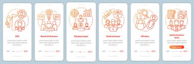 Şirket personeli doğrusal kavramlar ile mobil uygulama sayfası ekranında. Ceo, yönetim kurulu gözden geçirme adımları grafik kırmızı talimatlar. Şirket ekibi. Ux, Ui, Gui vektör şablonu çizimleri ile
