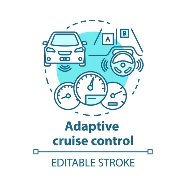 Icône du concept de régulateur de vitesse adaptatif. Système pour éviter les collisions routières. Voiture autonome. Illustration de ligne mince d'idée de véhicule de pilote automatique. Schéma vectoriel isolé. Course modifiable — Image vectorielle