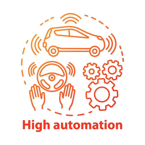 Icono de concepto de alta automatización. Coche con características autónomas. Asistencia de dirección. Sistema de piloto automático. Ilustración de línea delgada de idea de vehículo sin conductor. Dibujo de contorno aislado vectorial. Carrera editable — Vector de stock