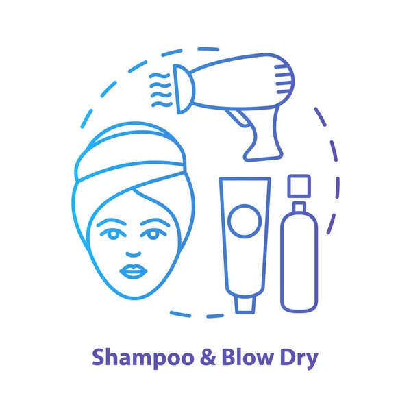 Champú y golpe seco icono concepto azul. Cuidado del cabello, idea de productos de tratamiento ilustración de línea delgada. Peluquería, peluquería. Gradiente azul vector esquema aislado dibujo. Carrera editable — Archivo Imágenes Vectoriales