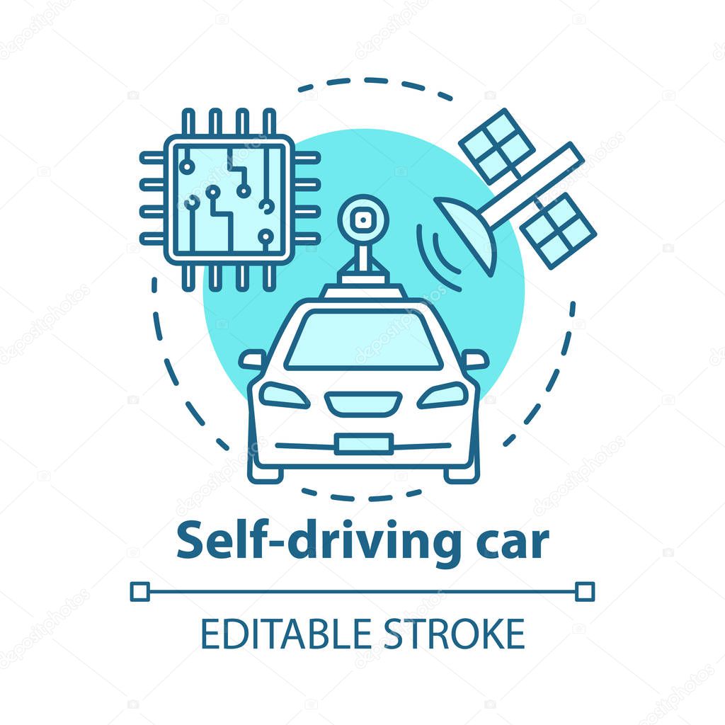 Self-driving car concept icon. Driverless, robotic automobile. Auto, microchip, satellite. Autonomous smart vehicle idea thin line illustration. Vector isolated outline drawing. Editable stroke