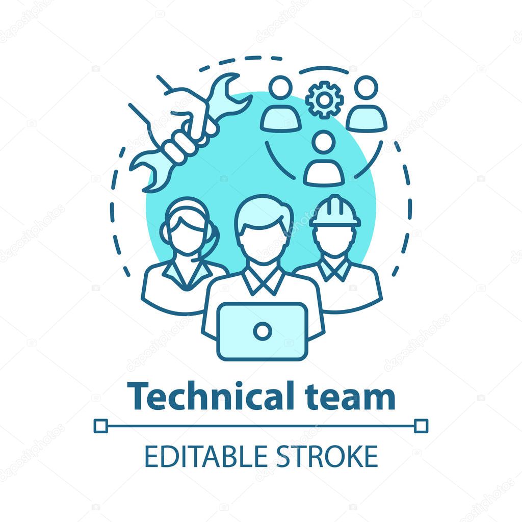 Technical team concept icon. Company staff, workforce idea thin line illustration. Software engineers and client service workers. Technical personnel. Vector isolated outline drawing. Editable stroke