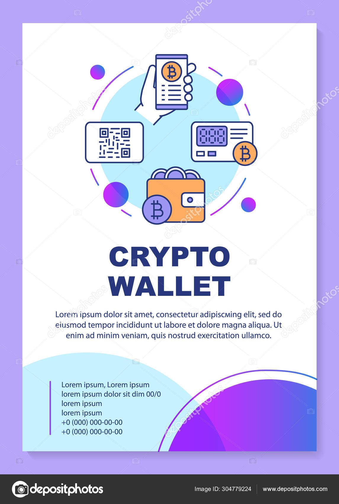 加密钱包海报模板布局。加密货币交易。虚拟货币e 付款。横幅，小册子，传单打印设计与线性图标。杂志、传单的矢量手册页面布局图库矢量图©IMG  visuals icons 304779224