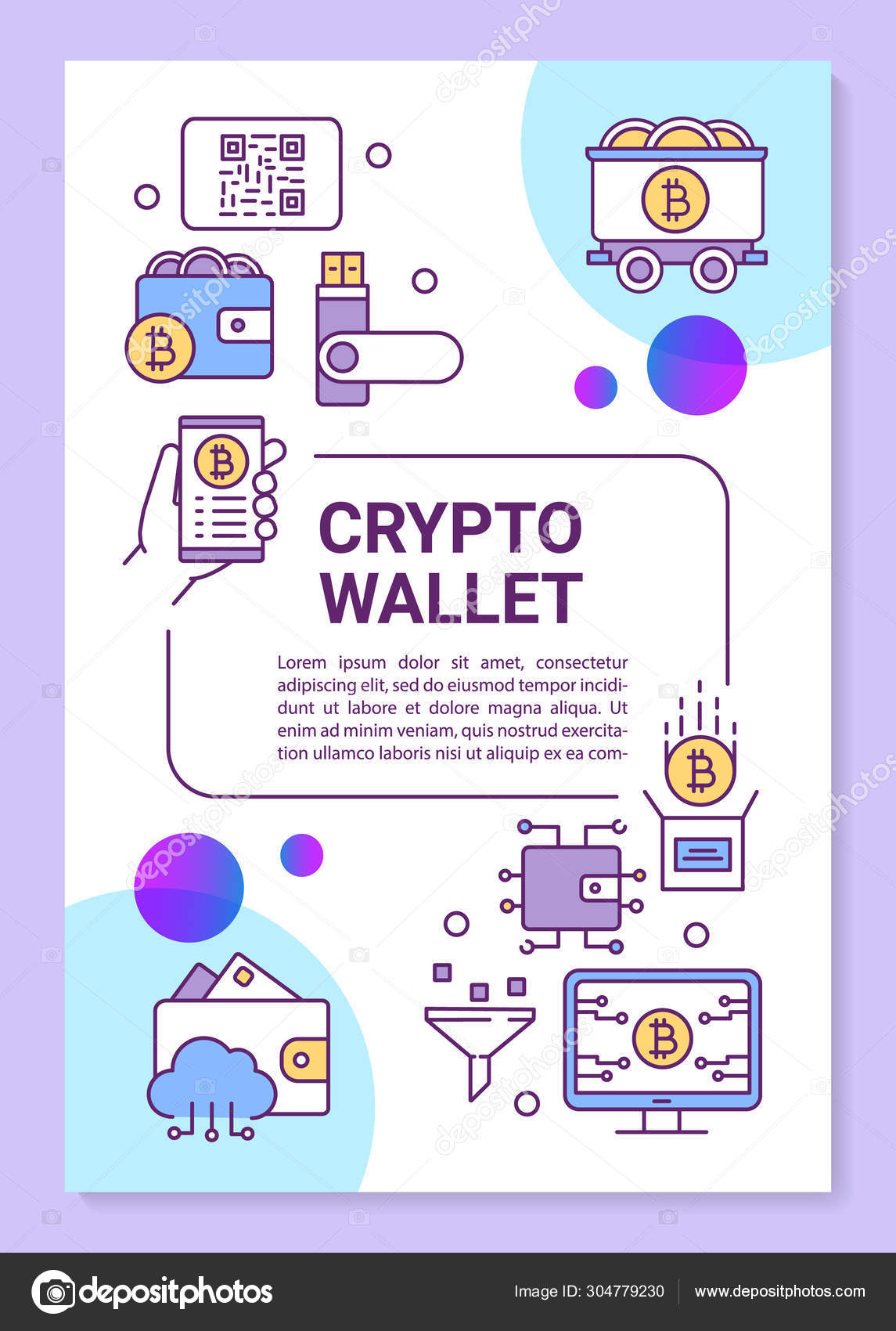 加密钱包海报模板布局。加密货币存储和交易。横幅，小册子，传单打印设计与线性图标。杂志、广告传单的矢量手册页面布局图库矢量图©IMG visuals  icons 304779230