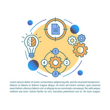 İş fikri oluşturma makale sayfası vektör şablonu. İş akışı performansı. Şirket yönetimi. Broşür, dergi, kitapçık tasarım öğesi simgeler ve metin ile. Baskı tasarımı. Kavram çizimleri