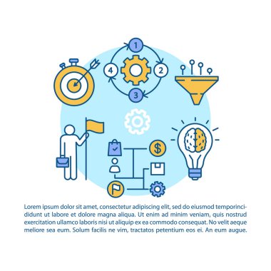 İş stratejisi makale sayfası vektör şablonu. İş akışı verimliliği. Şirket yönetimi. Broşür, dergi, doğrusal simgeler ile kitapçık tasarım elemanı. Baskı tasarımı. Metinli kavram çizimleri