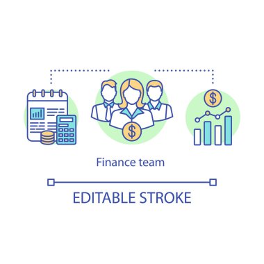 Finans ekibi kavram simgesi. Finans yöneticileri fikir ince çizgi illüstrasyon. Profesyonel muhasebeciler, muhasebeciler. Şirket bütçesi, kar hesaplama. Vektör izole çizim. Kullanılabilir kontur