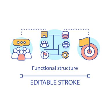 Fonksiyonel kurumsal yapı kavram simgesi. İş geliştirme stratejisi fikir ince çizgi illüstrasyon. Şirket yönetimi. Tanıtım kampanyası. Vektör yalıtılmış anahat çizimi. Kullanılabilir kontur