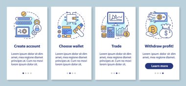 Doğrusal kavramlar ile mobil uygulama sayfa ekranında kriptopara ticaret platformu. Kripto değişim hizmeti walkthrough adımları grafik talimatları. Ux, Ui, Gui vektör şablonu çizimleri ile
