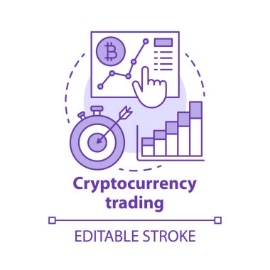Cryptocurrency ticaret kavramı simgesi. Fiyat hareketleri fikir ince çizgi illüstrasyon üzerinde spekülasyon. Madeni para alıp satmak. Piyasa stratejisini hedeflemek. Vektör yalıtılmış anahat çizimi. Kullanılabilir kontur