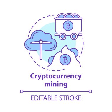 Cryptocurrency madenciliği kavram simgesi. Elektronik para fikir ince çizgi illüstrasyon. Kripto madenciliği, blockchain. Dijital para birimi hareket doğrulaması. Vektör yalıtılmış anahat çizimi. Kullanılabilir kontur