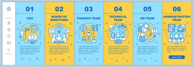 Şirket personeli mobil web sayfaları vektör şablonu onboarding. Genel müdür, yönetim kurulu. Şirket ekibi. Duyarlı akıllı telefon web sitesi arayüz fikri. Web sayfası walkthrough adım ekranlar. Renk kavramı