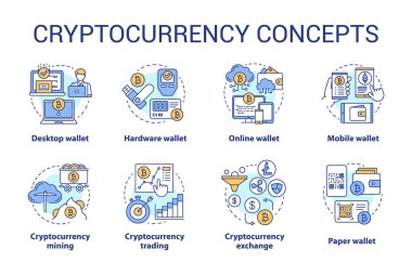 Cryptocurrency kavram simgeleri ayarlayın. Dijital varlık fikri ince çizgi çizimler. Çevrimiçi, donanım cüzdanı. Finansal işlem. Bitcoin değişimi. Vektör yalıtılmış anahat çizimleri. Kullanılabilir kontur