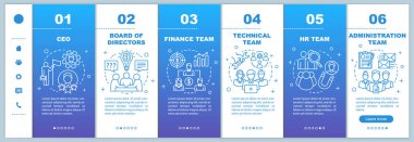 Şirket personeli mobil web sayfaları vektör şablonu onboarding. Genel müdür, yönetim kurulu. Doğrusal çizimler ile duyarlı akıllı telefon web sitesi arayüzü. Şirket ekibi. Web sayfası walkthrough adım ekranları