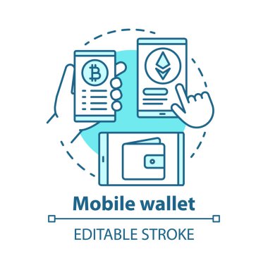 Mobil cüzdan mavi konsept simgesi. Mobil uygulama fikri ince çizgi illüstrasyon. Kredi kartı bilgilerinin elektronik cihazda taşınması. Dijital para transferi. Vektör yalıtılmış anahat çizimi. Kullanılabilir kontur