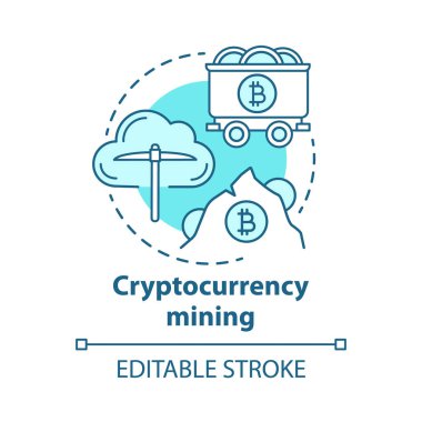 Cryptocurrency madenciliği mavi kavram simgesi. Elektronik para fikir ince çizgi illüstrasyon. Kripto madenciliği, blockchain. Dijital para birimi hareketi. Vektör yalıtılmış anahat çizimi. Kullanılabilir kontur
