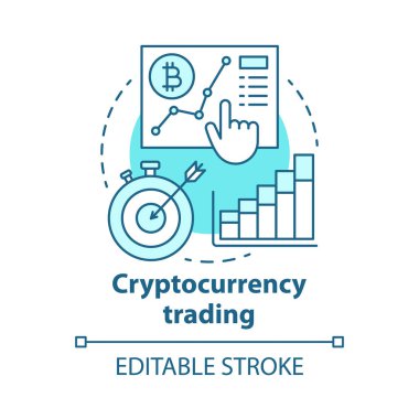 Cryptocurrency ticaret mavi kavram simgesi. Fiyat hareketleri fikir ince çizgi illüstrasyon üzerinde spekülasyon. Bitcoinler değişimi. Borsa stratejisi. Vektör yalıtılmış anahat çizimi. Kullanılabilir kontur
