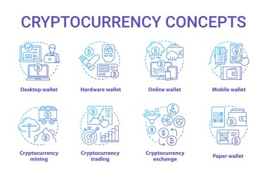 Cryptocurrency mavi kavram simgeleri ayarlayın. Dijital varlık fikri ince çizgi çizimler. Masaüstü cüzdan. Finansal işlem. Bitcoin ticareti, döviz. Vektör yalıtılmış anahat çizimleri