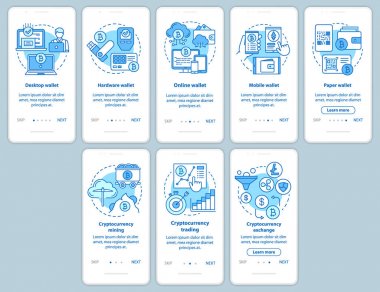 Doğrusal kavramlar ile mobil uygulama sayfa ekranında kripto para madenciliği. Elektronik bitcoin para birimi cüzdan walkthrough mavi adımlar grafik talimatları. Ux, Ui, Gui şablonu çizimlerle