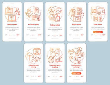 Doğrusal kavramlar ile mobil uygulama sayfa ekranında kripto para madenciliği. Elektronik bitcoin para birimi cüzdan walkthrough kırmızı adımlar grafik talimatları. Ux, Ui, Gui şablonu çizimlerle