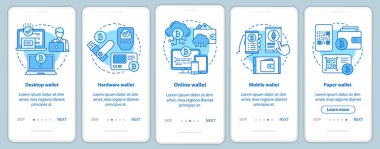 Cryptocurrency cüzdan türleri doğrusal kavramlar ile mobil uygulama sayfa ekranında. Elektronik bitcoin para birimi işlemleri mavi adımlar grafik talimatları ile walkthrough. Ux, Ui, Gui vektör şablonu