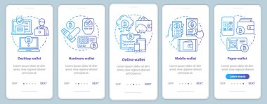 Cryptocurrency cüzdan türleri doğrusal kavramlar ile mobil uygulama sayfa ekranında. Elektronik bitcoin para birimi işlemleri mavi degrade grafik talimatı ile walkthrough. Ux, Ui, Gui vektör şablonu