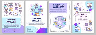 Kripto cüzdan broşür şablon düzeni. Bitcoin depolama. El ilanı, kitapçık, doğrusal simgeleri ile broşür baskı tasarımı. Kripto para birimi işlemleri. Dergiler, yıllık raporlar, posterler için vektör sayfa düzenleri