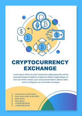Cryptocurrency döviz hizmeti posteri şablon düzeni. Kripto madenciliği. Sanal para işlemi. Afiş, kitapçık, simgeler ile broşür baskı tasarımı. Dergiler, el ilanları için vektör broşür sayfa düzenleri